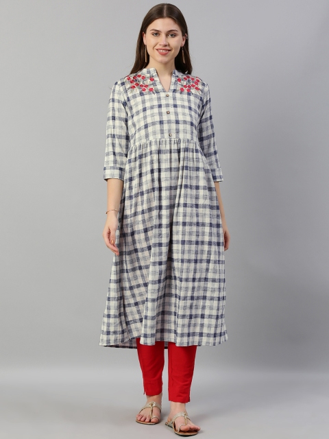 

Neerus Women Off-White & Navy Blue Checked A-Line Kurta With Embroidered Detail