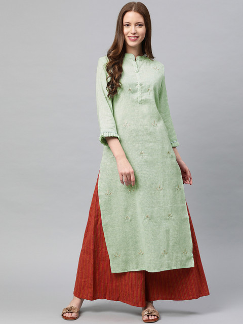 

Neerus Women Sea Green Embroidered Straight Kurta with Pleated Edge Sleeve