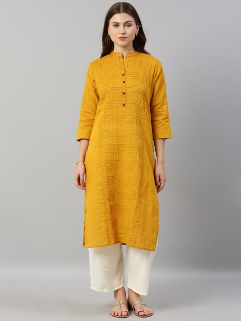 

Neerus Women Mustard Yellow Self-Checked Straight Kurta