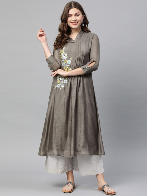 

Neerus Women Grey Solid A-Line Kurta with Embroidered & Pleated Detail