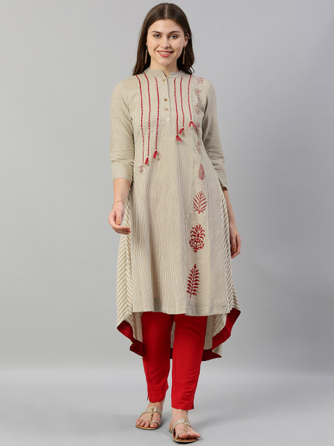 

Neerus Women Off-White & Grey Striped A-Line Kurta with Tassels