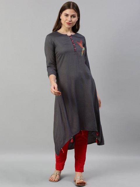 

Neerus Women Grey Solid A-Line Kurta with Embroidery