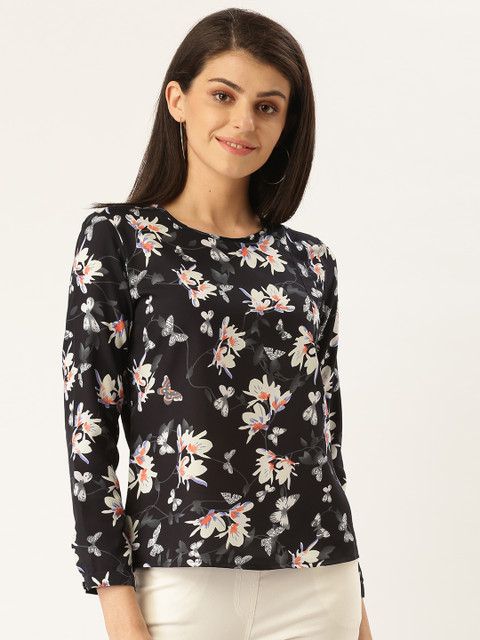 

Qsymia Women Navy Blue & White Floral Print Top