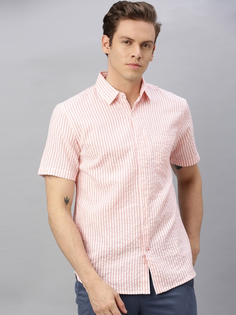 

Cottonworld Men Pink & White Regular Fit Striped Casual Shirt