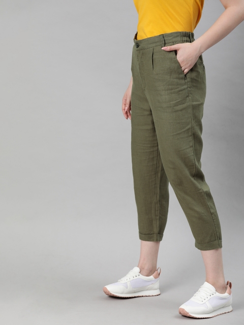 

Cottonworld Women Olive Green Regular Fit Solid Three-Fourth Linen Regular Trousers