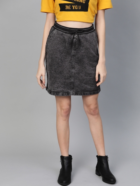 

Roadster Women Charcoal Grey Washed Denim Straight Skirt