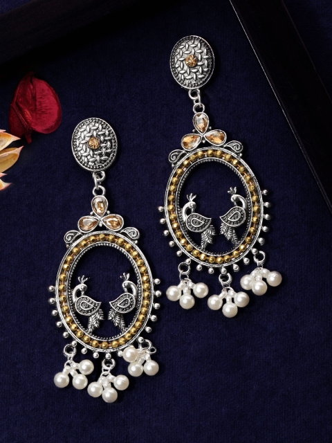 

Rubans Silver-Plated & Gold-Toned Classic Oxidised Handcrafted Drop Earrings