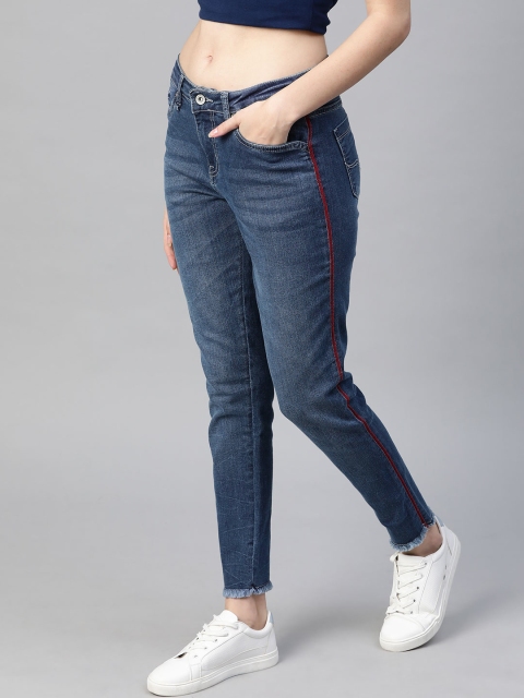 

Roadster Women Navy Blue Skinny Fit Light Fade Jeans with Side Striped & Frayed Hem