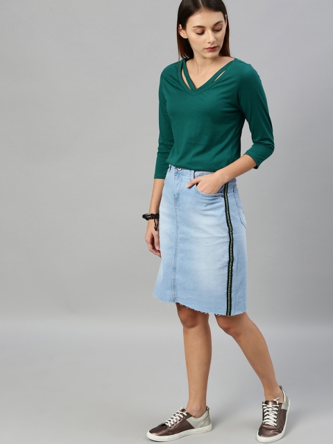 

Roadster Women Blue Washed Skinny Fit Denim Straight Skirt with Side Taping Detail