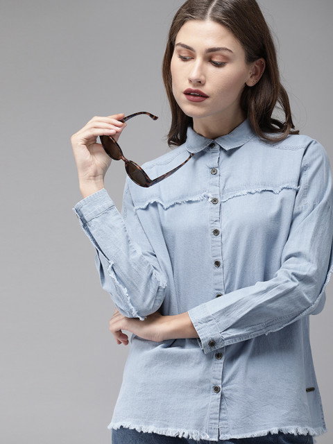 

Roadster Women Blue Regular Fit Faded Denim Casual Shirt