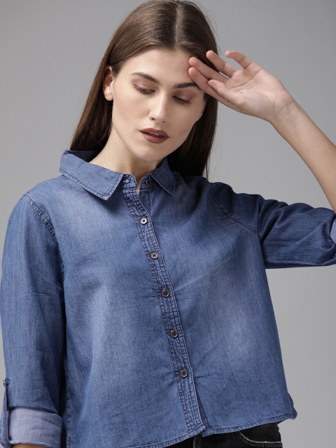 

Roadster Women Blue Boxy Faded Casual Shirt