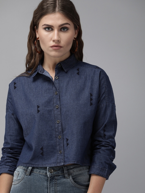

Roadster Women Navy Blue Max Shirt Fit Embroidered Crop Casual Shirt