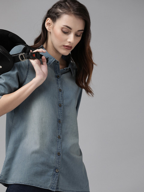 

Roadster Women Blue Regular Fit Faded Casual Shirt