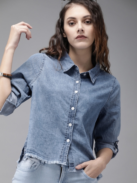 

Roadster Women Blue Blue Regular Fit Faded Frayed Hem Casual Chambray Shirt