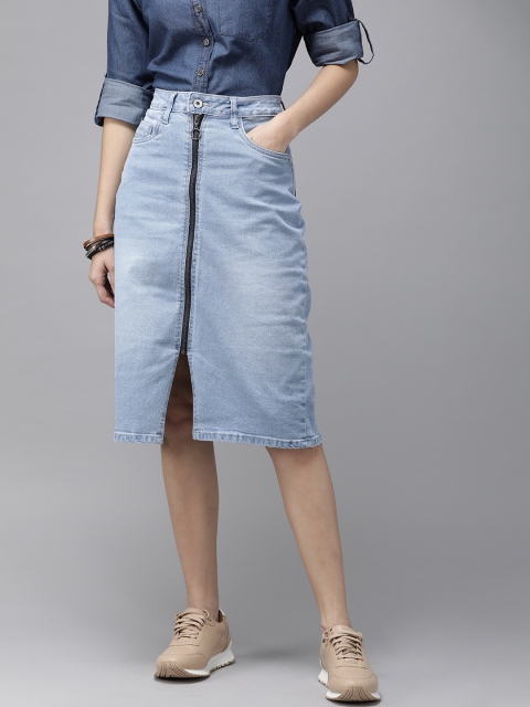 

Roadster Women Blue Washed Denim Pencil Skirt