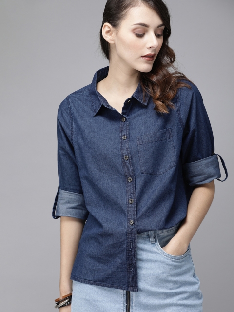 

Roadster Women Blue Regular Fit Solid Chambray Casual Shirt
