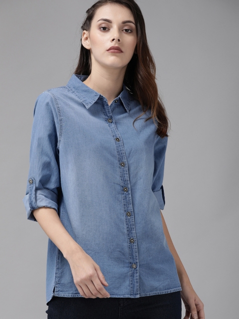 

Roadster Women Blue Regular Fit Faded Casual Shirt