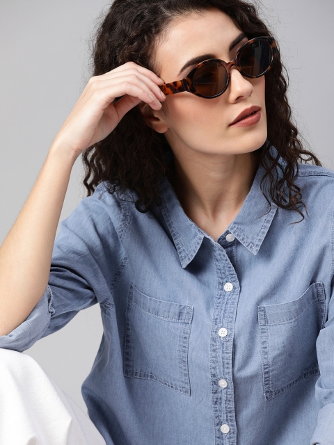 

Roadster Women Blue Max-Shirt Fit Faded Chambray Cropped Casual Shirt