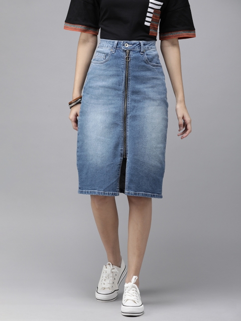 

Roadster Women Blue Washed Denim Pencil Skirt