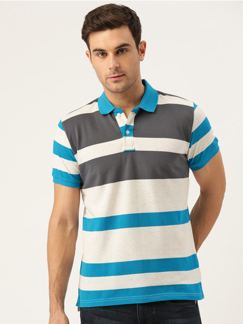 

GHPC Men Off-White & Blue Slim Fit Striped Polo Collar T-shirt
