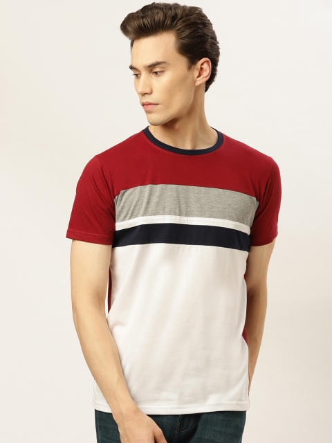 GHPC Men Maroon & White Striped Round Neck T-shirt