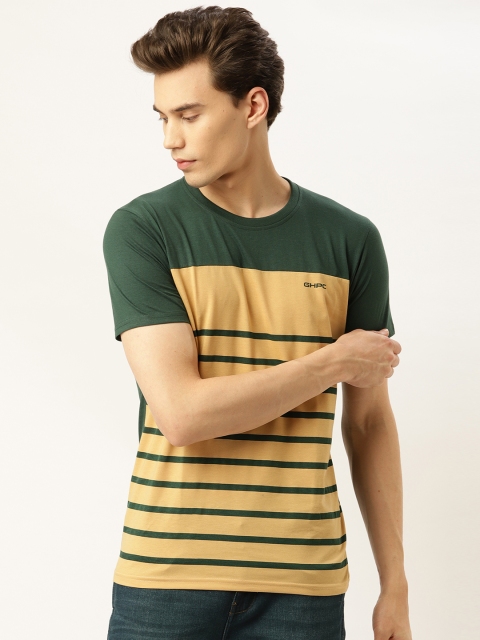 

GHPC Men Beige & Green Slim Fit Striped Round Neck T-shirt