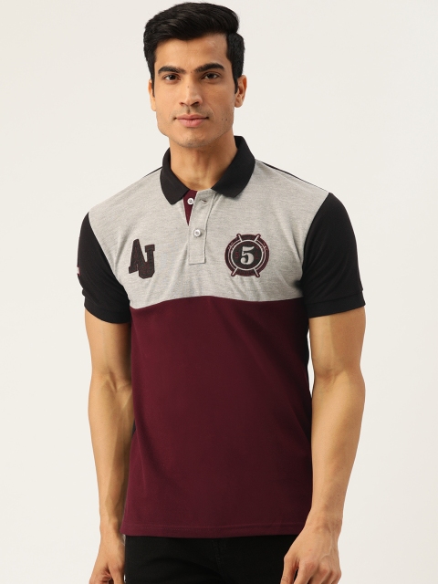 

GHPC Men Burgundy & Grey Melange Slim Fit Colourblocked Polo Collar T-shirt