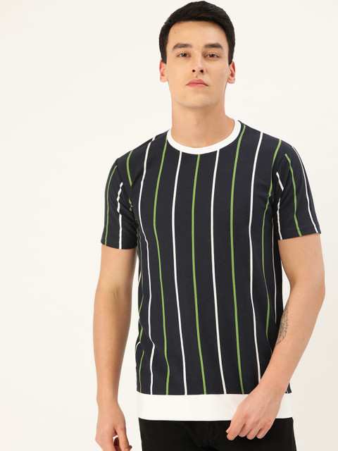 

GHPC Men Navy Blue & Green Striped Round Neck T-shirt