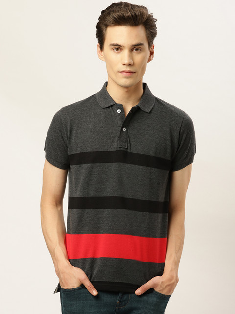 

GHPC Men Charcoal Grey & Red Striped Polo Collar T-shirt