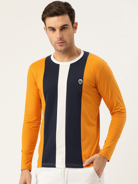 

GHPC Men Mustard Yellow & Navy Blue Slim Fit Striped Round Neck T-shirt