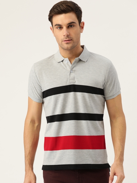

GHPC Men Grey Melange Striped Slim Fit Polo Collar T-shirt