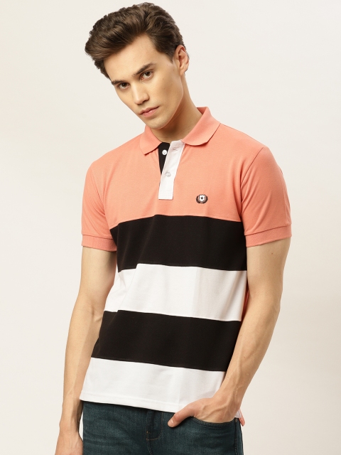 

GHPC Men Peach-Coloured & Black Striped Polo Collar T-shirt