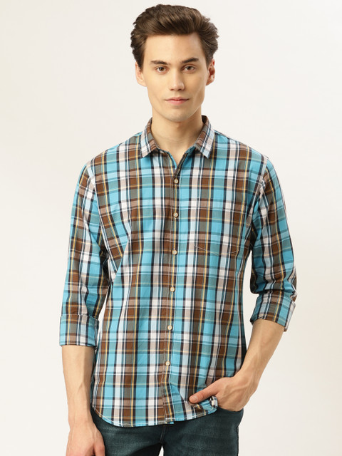 

GHPC Men Blue & Olive Brown Comfort Slim Fit Checked Casual Shirt