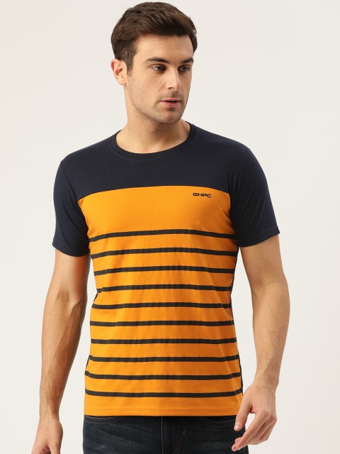 

GHPC Men Mustard Yellow & Navy Blue Slim Fit Striped Round Neck T-shirt