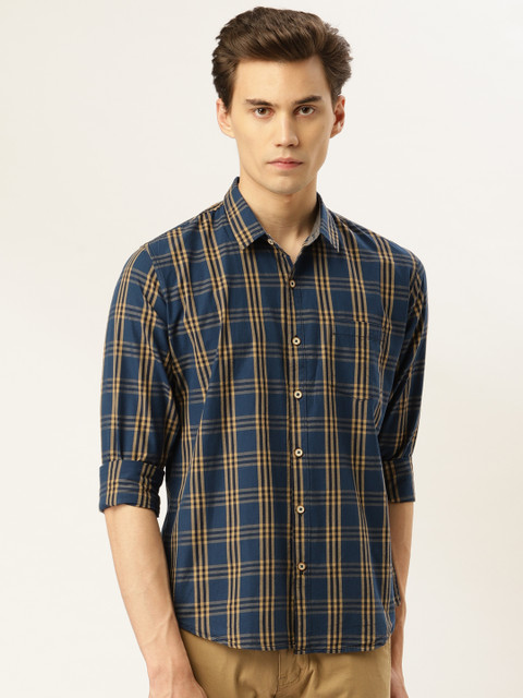 

GHPC Men Navy Blue & Khaki Comfort Slim Fit Checked Casual Shirt