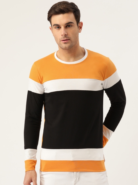 

GHPC Men Black & Mustard Yellow Slim Fit Coloublocked Round Neck T-shirt