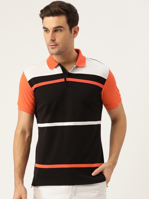 

GHPC Men Black & Coral Orange Slim Fit Colourblocked Polo Collar T-shirt