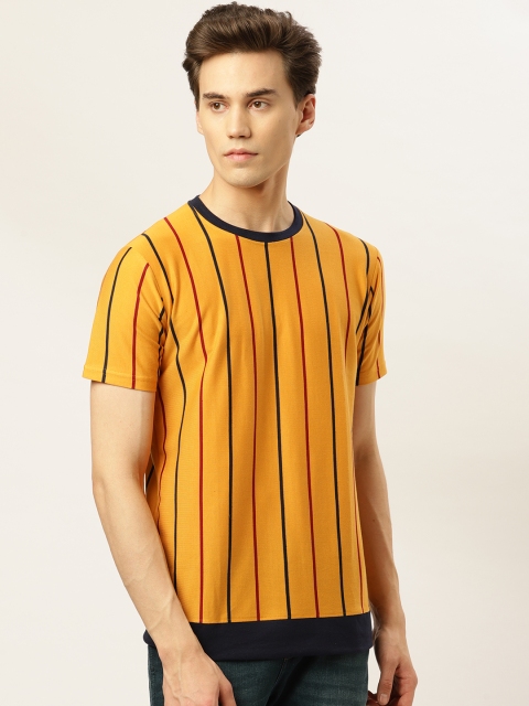 

GHPC Men Mustard Yellow & Navy Blue Slim Fit Striped Round Neck T-shirt