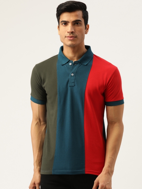 

GHPC Men Teal Blue & Red Slim Fit Colourblocked Polo Collar T-shirt