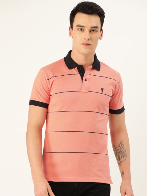 

GHPC Men Peach-Coloured & Navy Blue Striped Polo Collar T-shirt