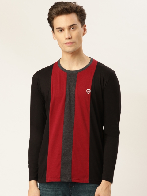 

GHPC Men Black & Maroon Striped Slim Fit Round Neck T-shirt
