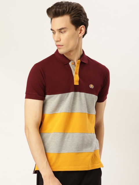 

GHPC Men Maroon & Grey Melange Striped Slim Fit Polo Collar T-shirt