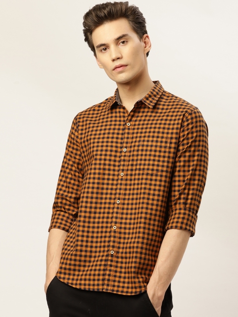 

GHPC Men Mustard Brown & Navy Blue Slim Fit Checked Casual Shirt