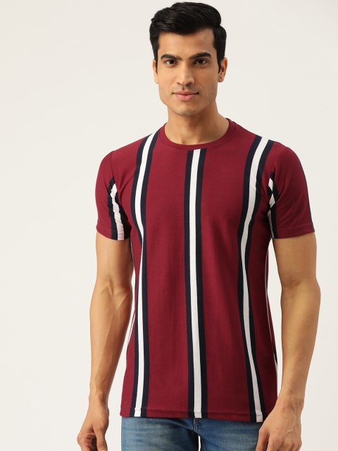 

GHPC Men Maroon & White Striped Slim Fit Round Neck T-shirt