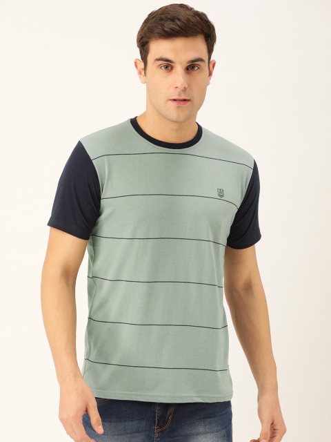 

GHPC Men Green & Navy Blue Striped Slim Fit Round Neck T-shirt