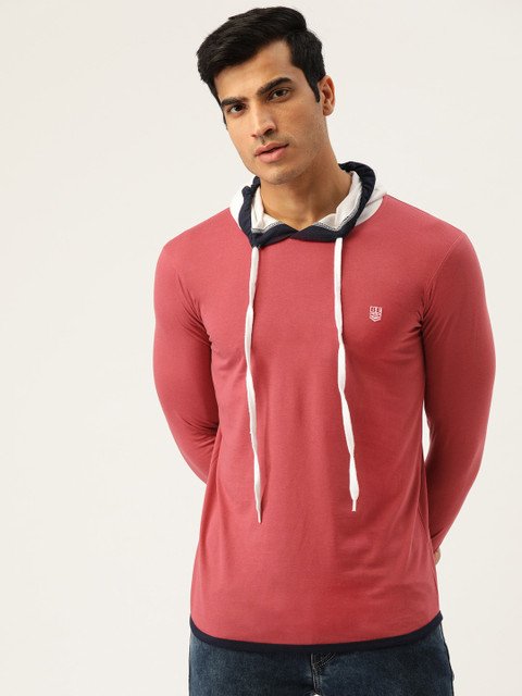 

GHPC Men Rust Red Slim Fit Solid Hooded T-shirt