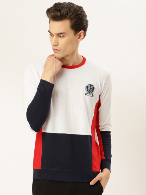 

GHPC Men White & Navy Blue Colourblocked Slim Fit Round Neck T-shirt