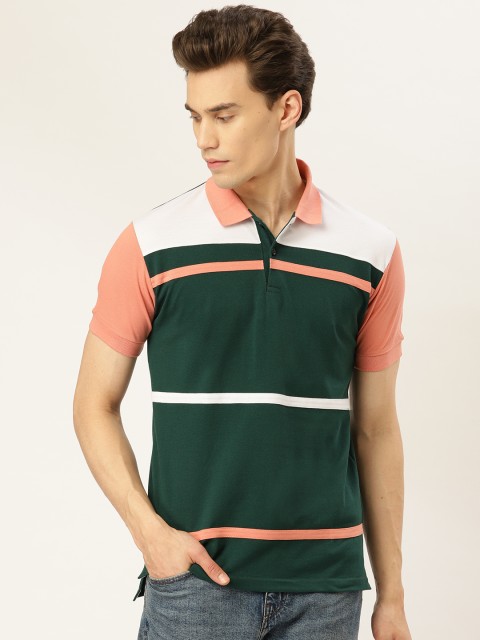 

GHPC Men Green & Pink Striped Slim Fit Polo Collar T-shirt
