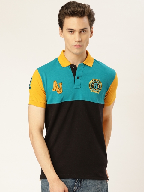 

GHPC Men Black & Blue Colourblocked Slim Fit Polo Collar T-shirt