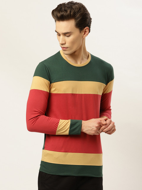 

GHPC Men Green & Red Striped Round Neck T-shirt
